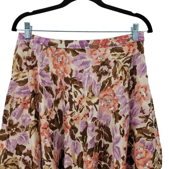 Y2K Floral Midi Skirt 8 Cotton Pink Brown Asymmetrical Sequin Details Boho India - Picture 5 of 15